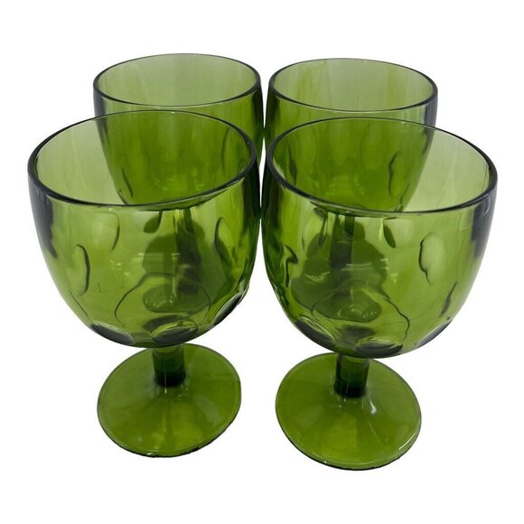Set Of 4 Green Coin Dot Bartlett Collins Goblets Footed Thumbprint Pedestal Glas - Picture 2 of 13